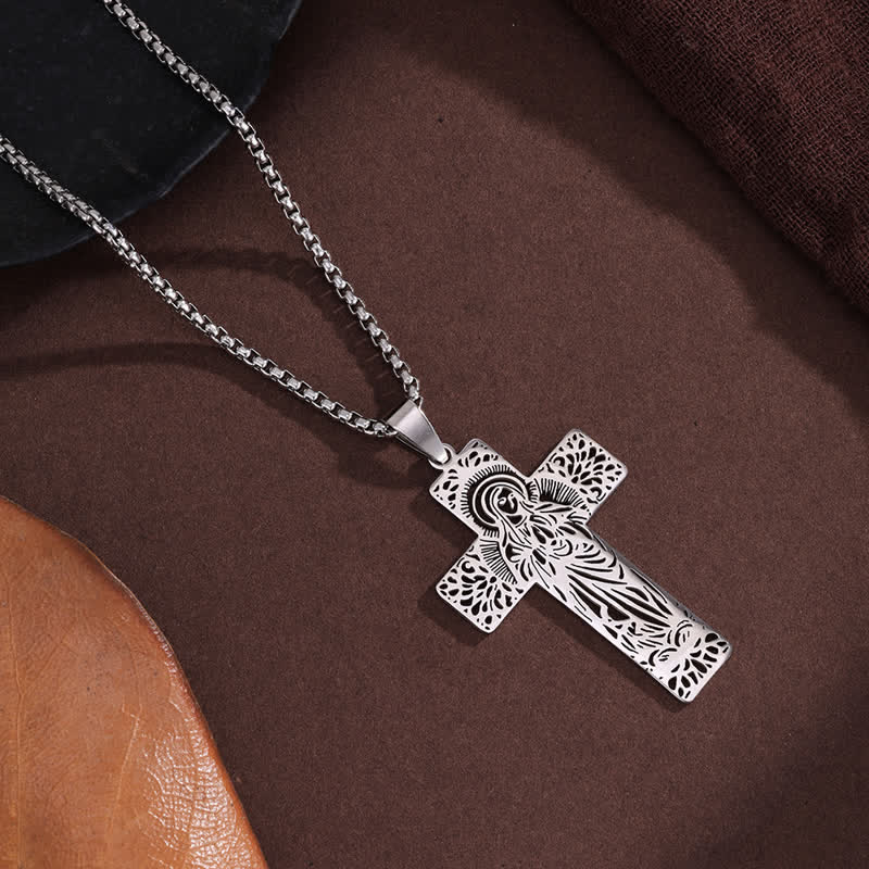 Detailed Etched Our Lady Cross Pendant Necklace: Bearer of Calming Divine Solace