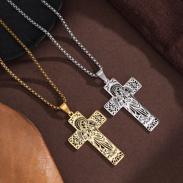 Detailed Etched Our Lady Cross Pendant Necklace: Bearer of Calming Divine Solace