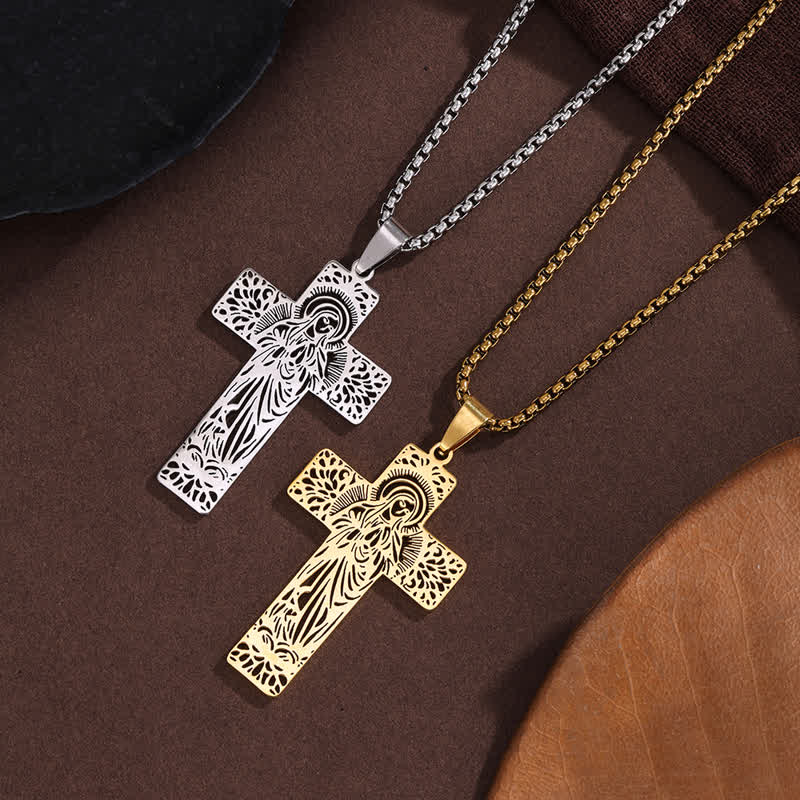 Detailed Etched Our Lady Cross Pendant Necklace: Bearer of Calming Divine Solace