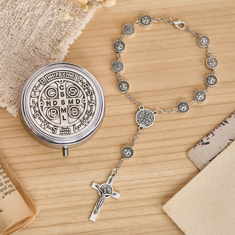 Engraved St Benedict Rosary Bracelet With Crucifix