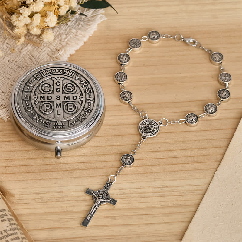 Engraved St Benedict Rosary Bracelet With Crucifix