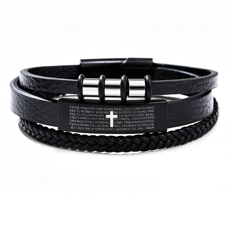 Scripture Engraved Cross PU Leather Stack Bracelet: Token of Gentle Divine Comfort