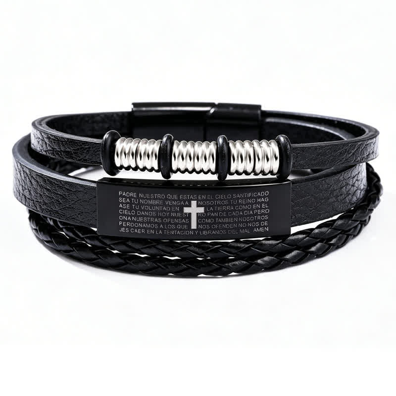 Scripture Engraved Cross PU Leather Stack Bracelet: Token of Gentle Divine Comfort