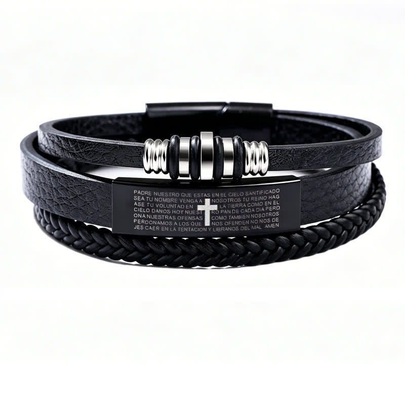 Scripture Engraved Cross PU Leather Stack Bracelet: Token of Gentle Divine Comfort