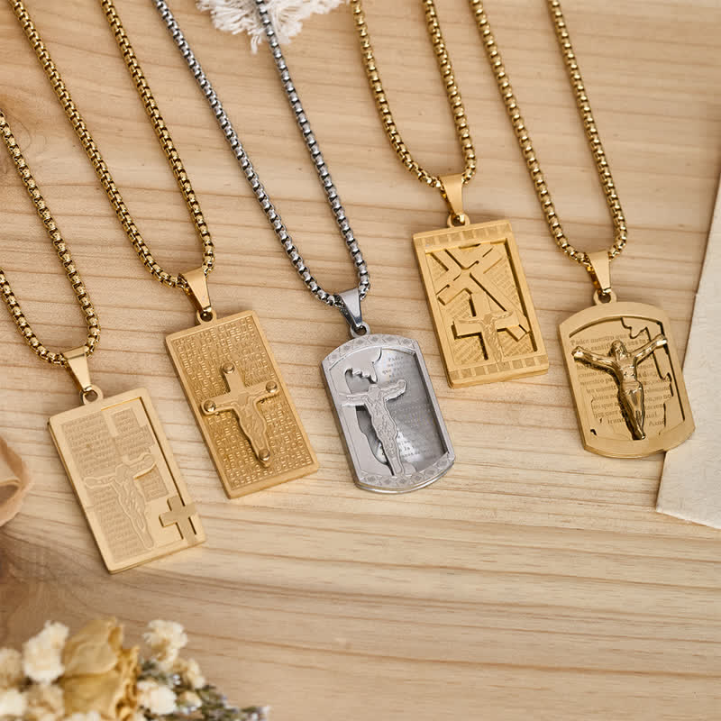 Masculine Engraved Dog Tag Necklace With Crucifix: Emblem of Heavenly Gentle Favor