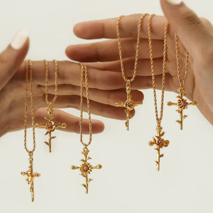 Polished Zinc Alloy Birth Flower Cross Necklace: Icon of Warm Heavenly Blessing