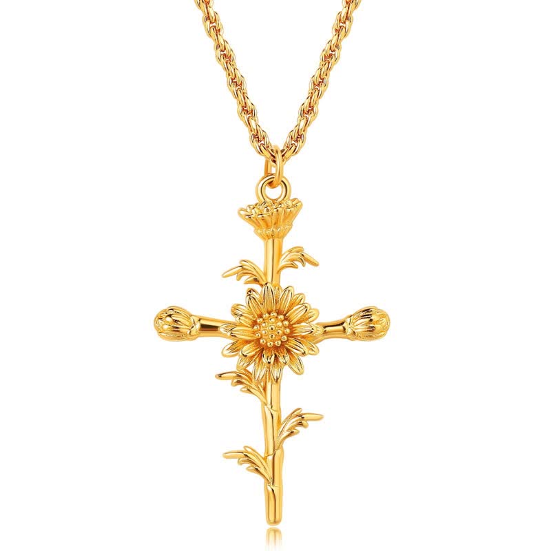 Polished Zinc Alloy Birth Flower Cross Necklace: Icon of Warm Heavenly Blessing