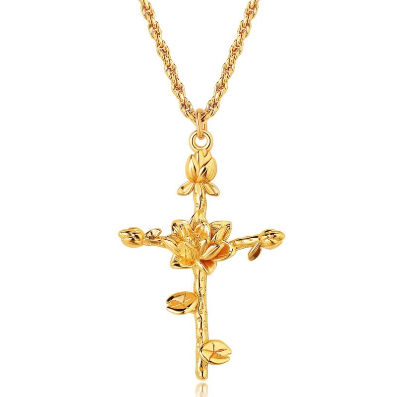 Polished Zinc Alloy Birth Flower Cross Necklace: Icon of Warm Heavenly Blessing
