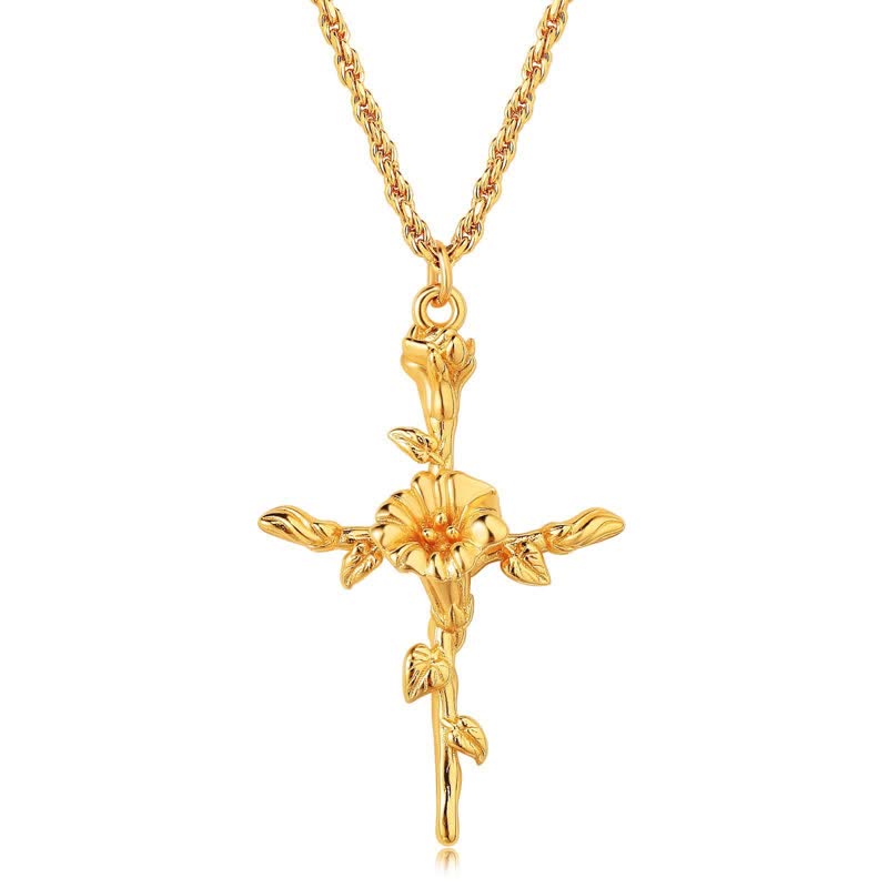 Polished Zinc Alloy Birth Flower Cross Necklace: Icon of Warm Heavenly Blessing