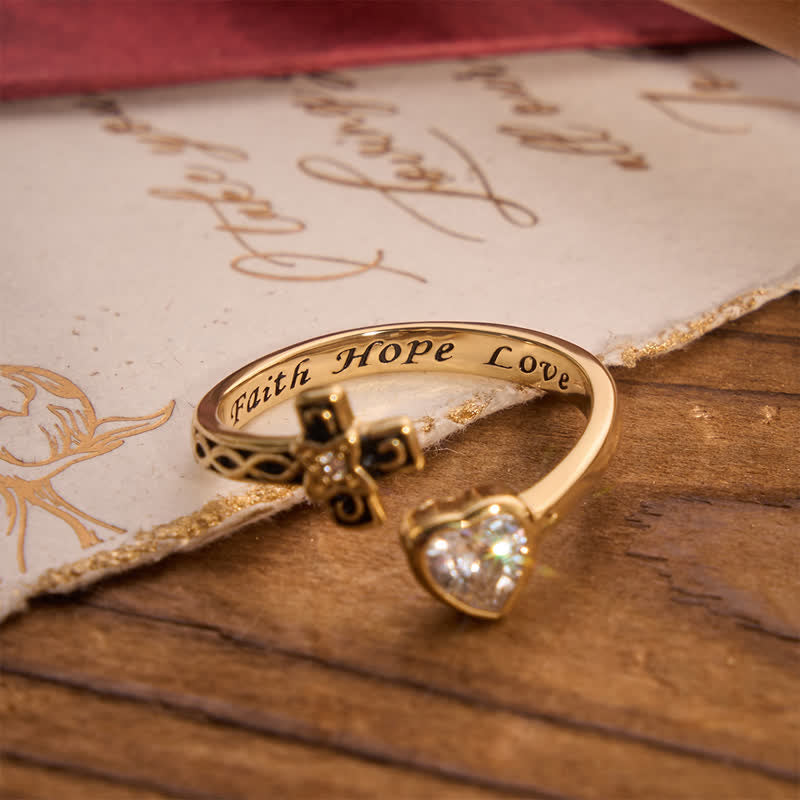 Inscribed Faith Hope Love Cross Heart Ring: Token of Gentle Divine Comfort