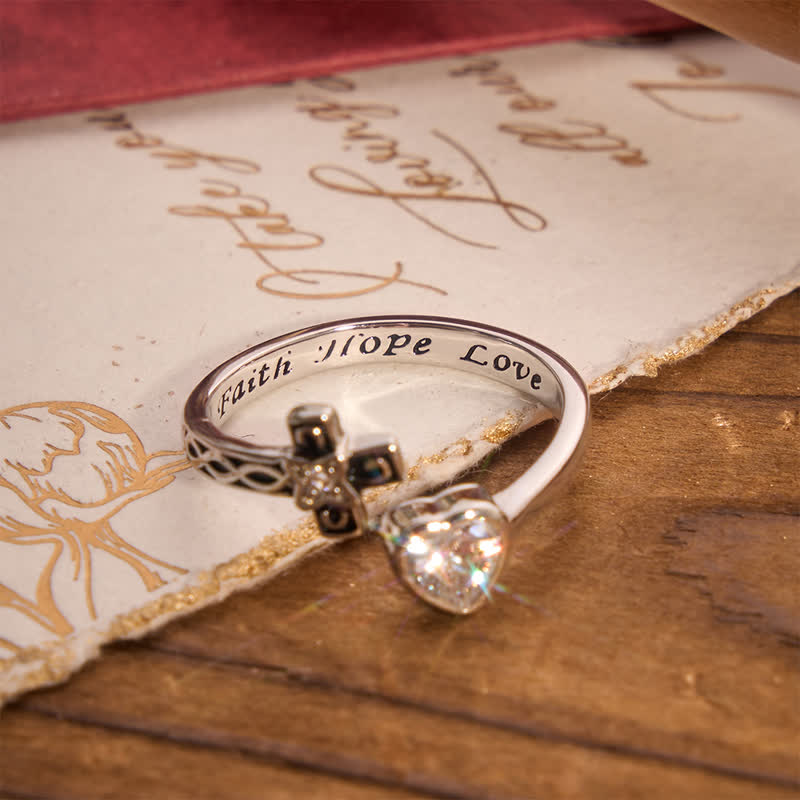 Inscribed Faith Hope Love Cross Heart Ring: Token of Gentle Divine Comfort