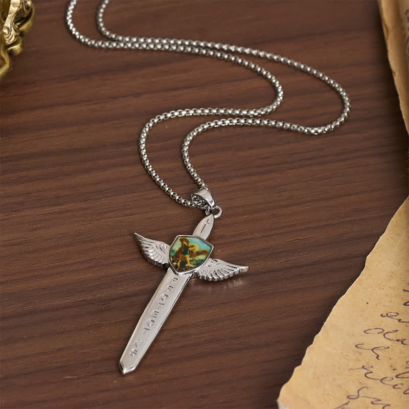 Uplifting Double-Face St. Michael Wing Sword Cross Necklace