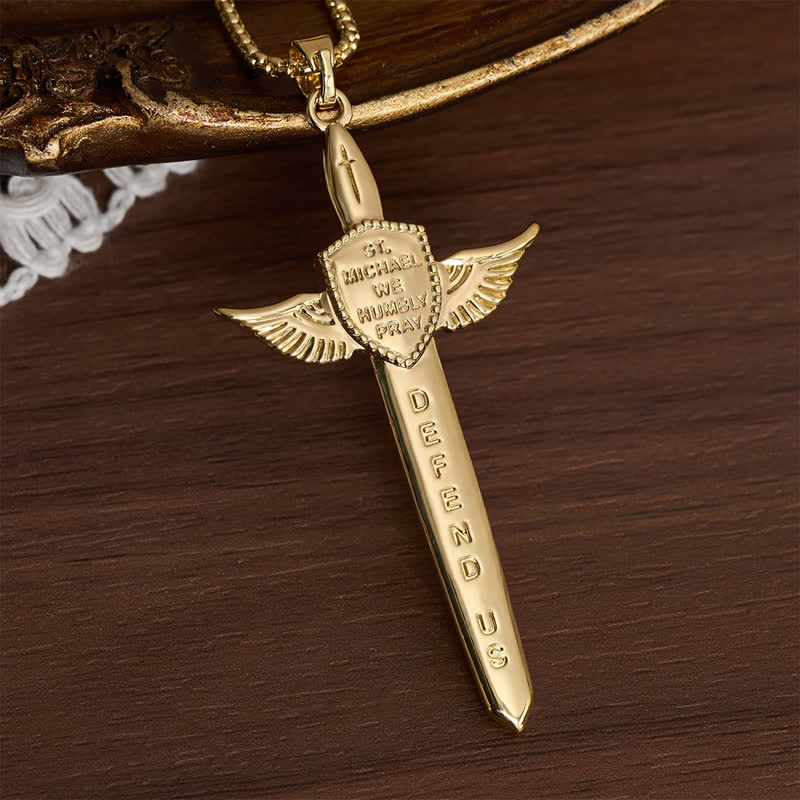 Uplifting Double-Face St. Michael Wing Sword Cross Necklace