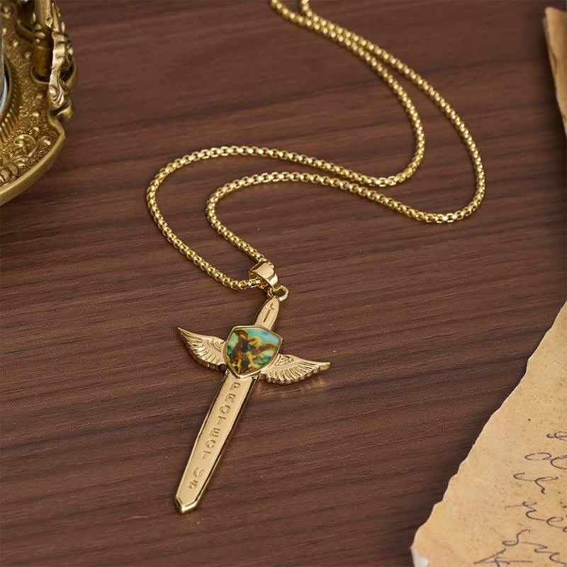 Uplifting Double-Face St. Michael Wing Sword Cross Necklace