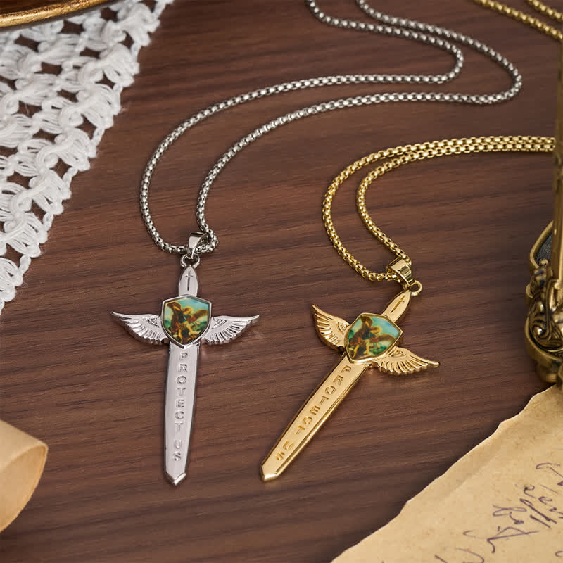 Uplifting Double-Face St. Michael Wing Sword Cross Necklace
