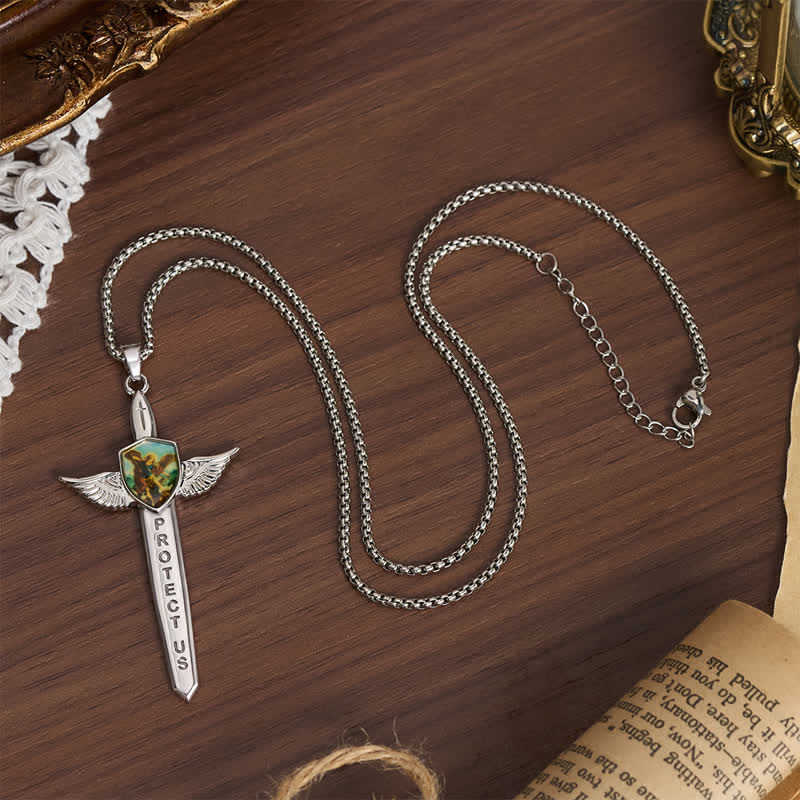 Uplifting Double-Face St. Michael Wing Sword Cross Necklace
