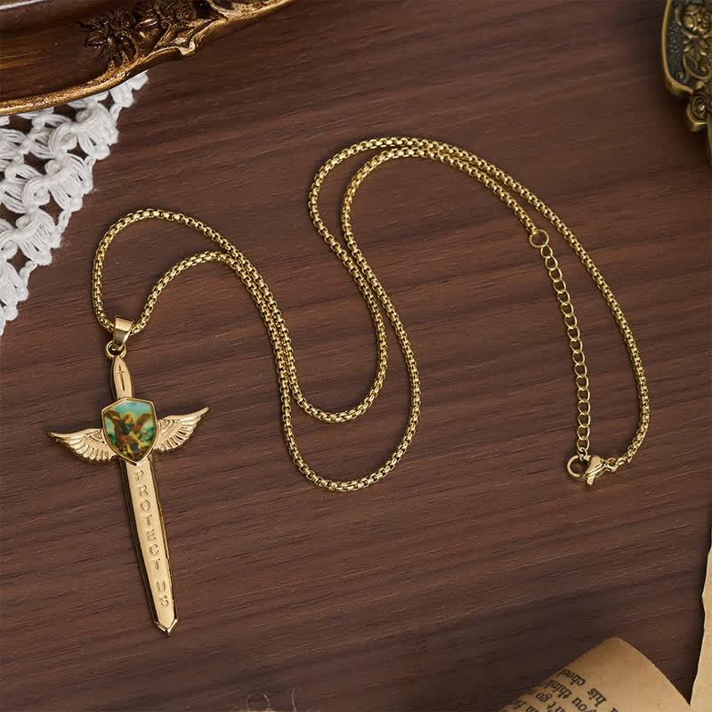 Uplifting Double-Face St. Michael Wing Sword Cross Necklace