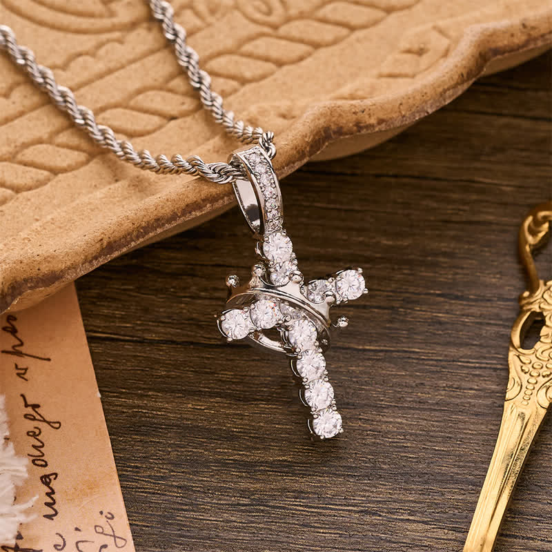 Fully Paved Shining Cross With Crown Accent: Charm of Radiant Heavenly Radiance