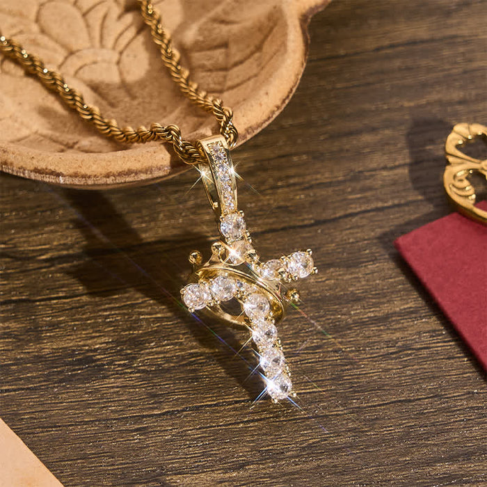 Fully Paved Shining Cross With Crown Accent: Charm of Radiant Heavenly Radiance
