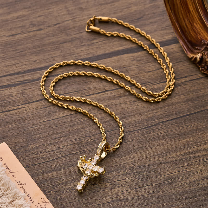 Fully Paved Shining Cross With Crown Accent: Charm of Radiant Heavenly Radiance