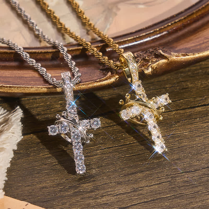 Fully Paved Shining Cross With Crown Accent: Charm of Radiant Heavenly Radiance