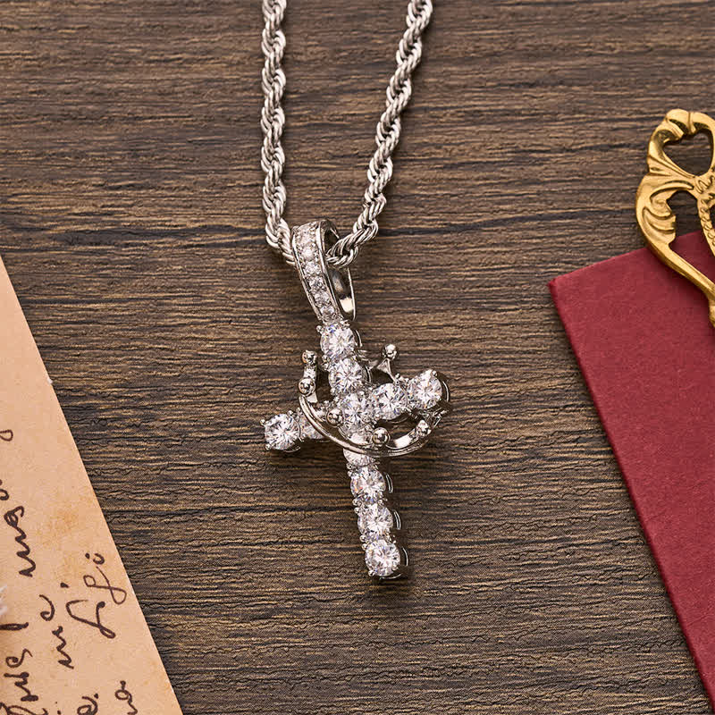 Fully Paved Shining Cross With Crown Accent: Charm of Radiant Heavenly Radiance