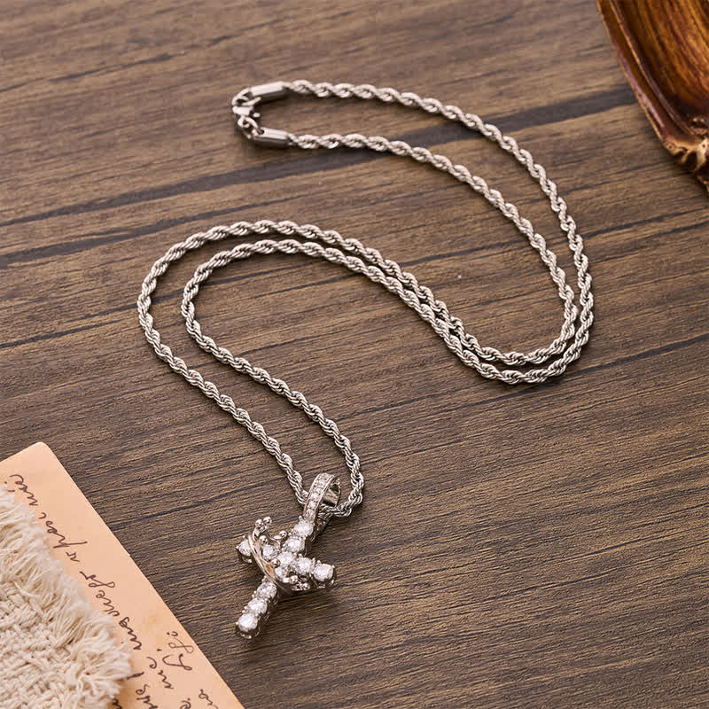 Fully Paved Shining Cross With Crown Accent: Charm of Radiant Heavenly Radiance