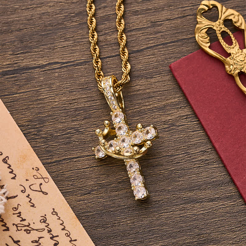 Fully Paved Shining Cross With Crown Accent: Charm of Radiant Heavenly Radiance