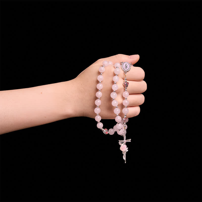 Blush Rose Quartz Rosary With Our Lady Medallion & Rose Cross: Token of Tender Divine Love