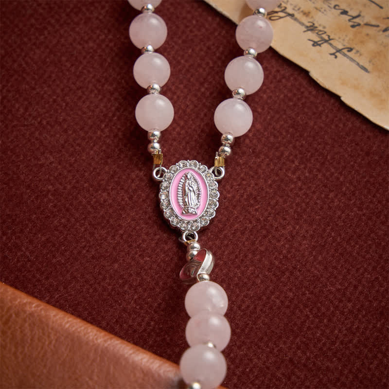 Blush Rose Quartz Rosary With Our Lady Medallion & Rose Cross: Token of Tender Divine Love