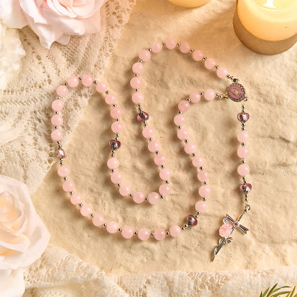 Blush Rose Quartz Rosary With Our Lady Medallion & Rose Cross: Token of Tender Divine Love