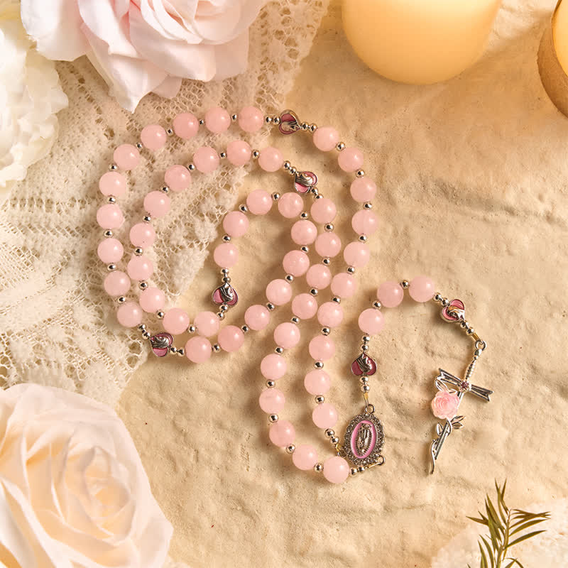 Blush Rose Quartz Rosary With Our Lady Medallion & Rose Cross: Token of Tender Divine Love