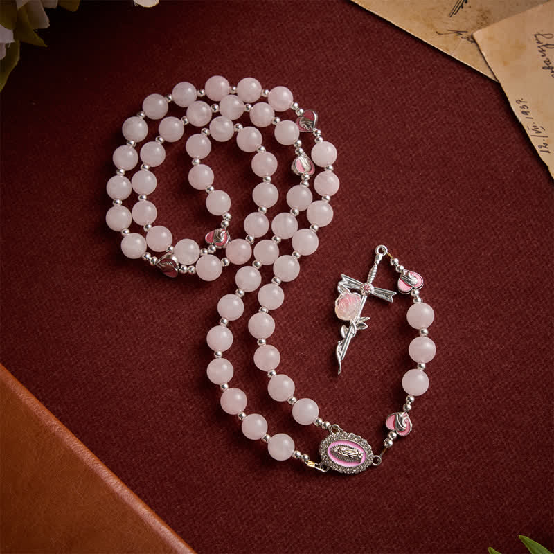 Blush Rose Quartz Rosary With Our Lady Medallion & Rose Cross: Token of Tender Divine Love