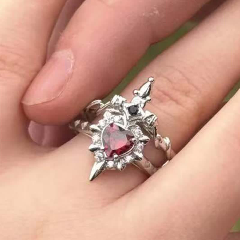 Heart Crystal & Sword Cross Split Band Ring: Token of Gentle Divine Tenderness