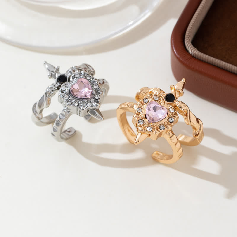 Heart Crystal & Sword Cross Split Band Ring: Token of Gentle Divine Tenderness
