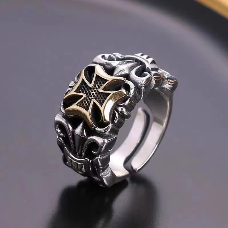 Ornate Engraved Cross Adjustable Ring: Sign of Enduring Divine Protection