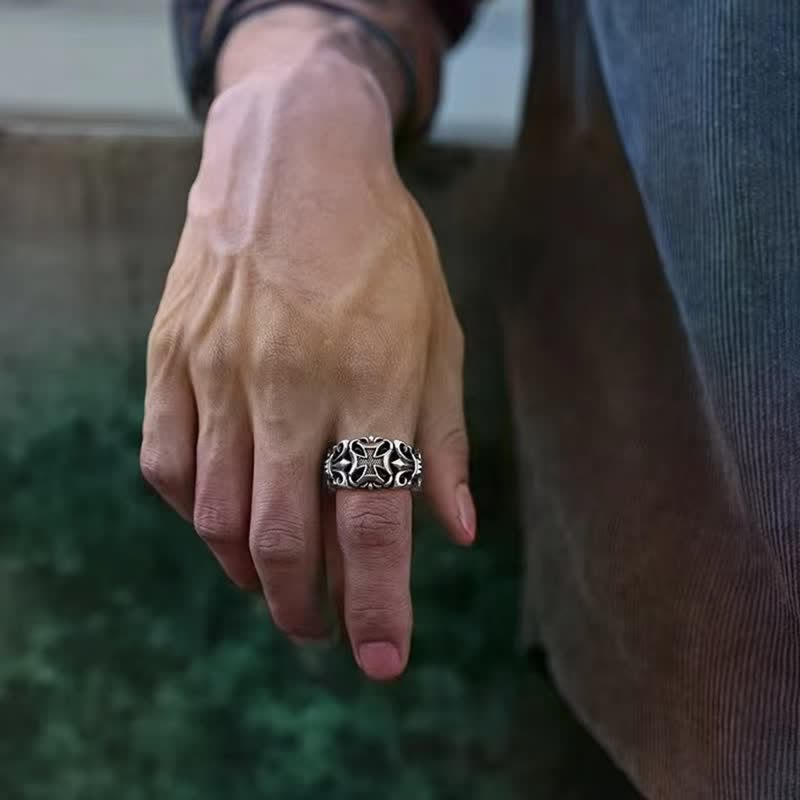 Ornate Engraved Cross Adjustable Ring: Sign of Enduring Divine Protection
