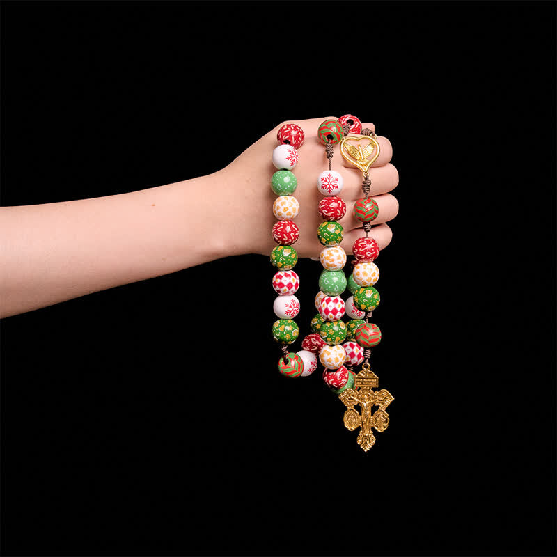Festive Christmas Wooden Bead Rosary With Holy Spirit Medal & Golden Crucifix
