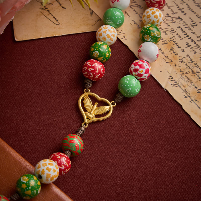 Festive Christmas Wooden Bead Rosary With Holy Spirit Medal & Golden Crucifix