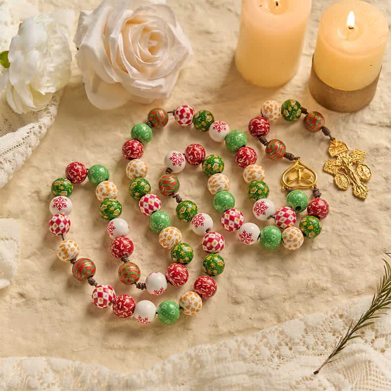 Festive Christmas Wooden Bead Rosary With Holy Spirit Medal & Golden Crucifix