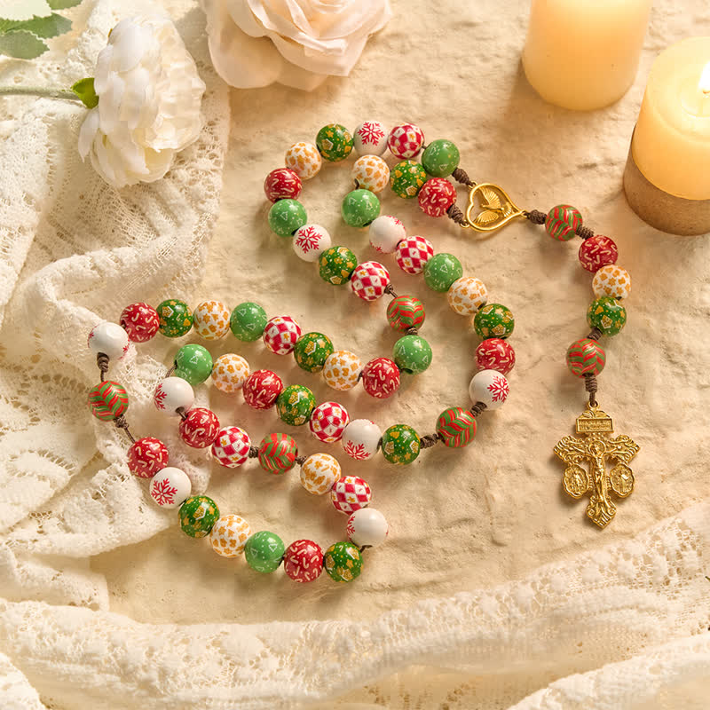 Festive Christmas Wooden Bead Rosary With Holy Spirit Medal & Golden Crucifix