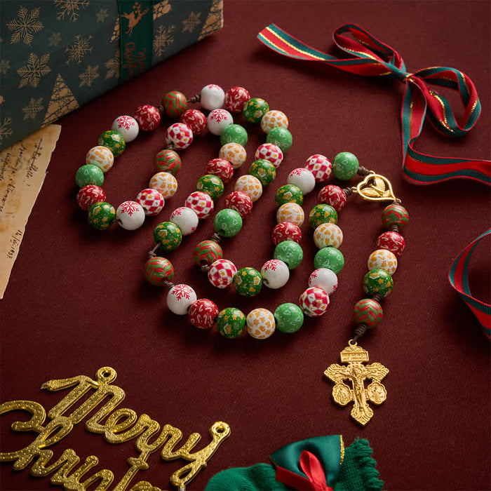 Festive Christmas Wooden Bead Rosary With Holy Spirit Medal & Golden Crucifix
