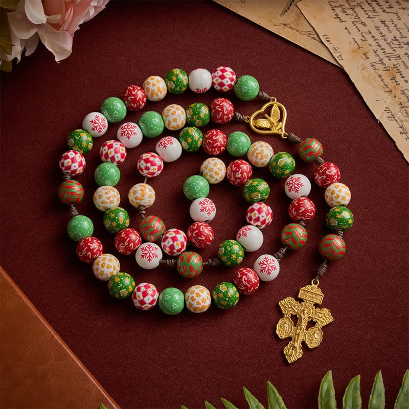 Festive Christmas Wooden Bead Rosary With Holy Spirit Medal & Golden Crucifix