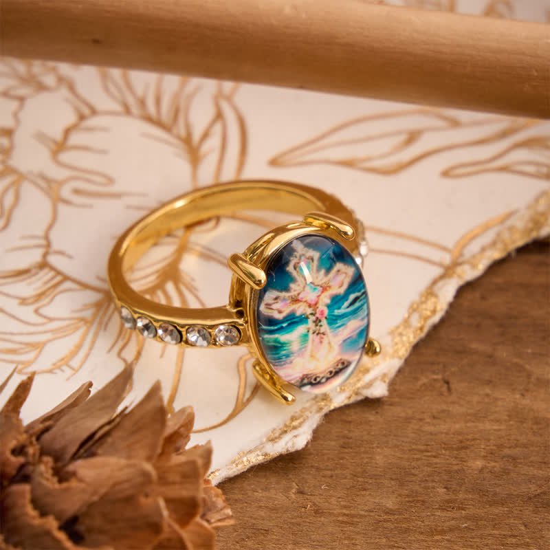 Artisan Polished Copper Cross Image Ring: Emblem of Radiant Heavenly Promise