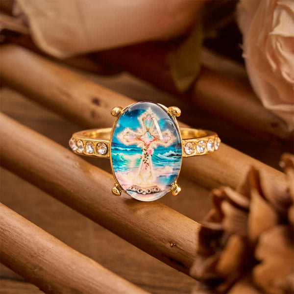 Artisan Polished Copper Cross Image Ring: Emblem of Radiant Heavenly Promise