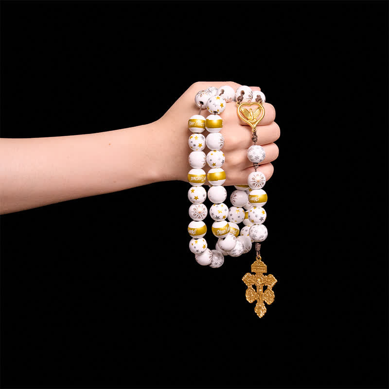 White & Golden Snowflake & Star Wooden Bead Rosary with Holy Spirit Heart Medal & Golden Crucifix