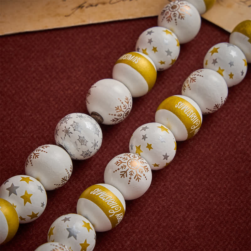 White & Golden Snowflake & Star Wooden Bead Rosary with Holy Spirit Heart Medal & Golden Crucifix