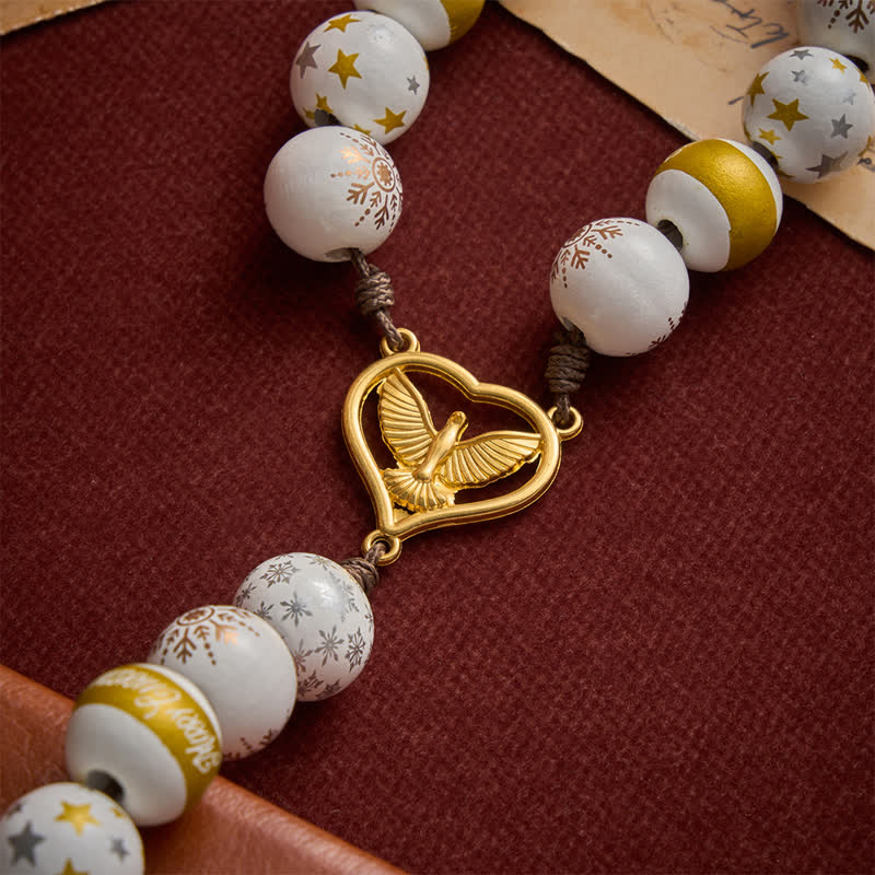 White & Golden Snowflake & Star Wooden Bead Rosary with Holy Spirit Heart Medal & Golden Crucifix