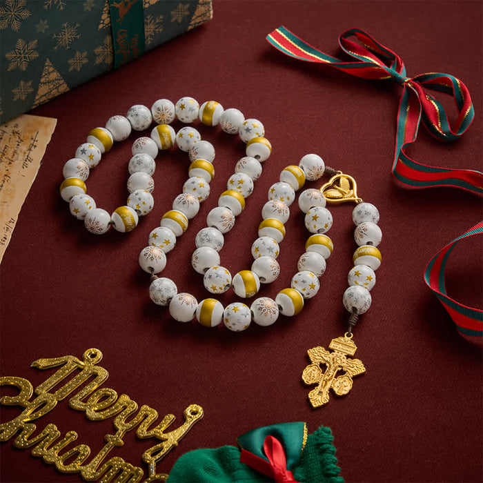 White & Golden Snowflake & Star Wooden Bead Rosary with Holy Spirit Heart Medal & Golden Crucifix