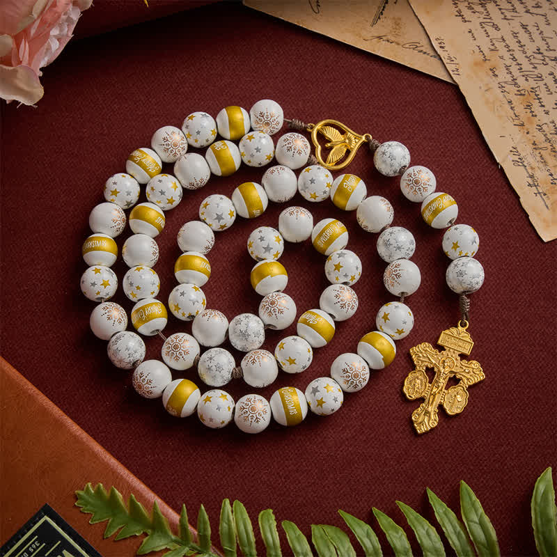 White & Golden Snowflake & Star Wooden Bead Rosary with Holy Spirit Heart Medal & Golden Crucifix